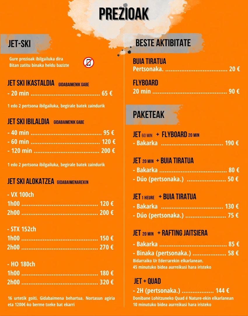 tarifs jet ski pays basque euskadi